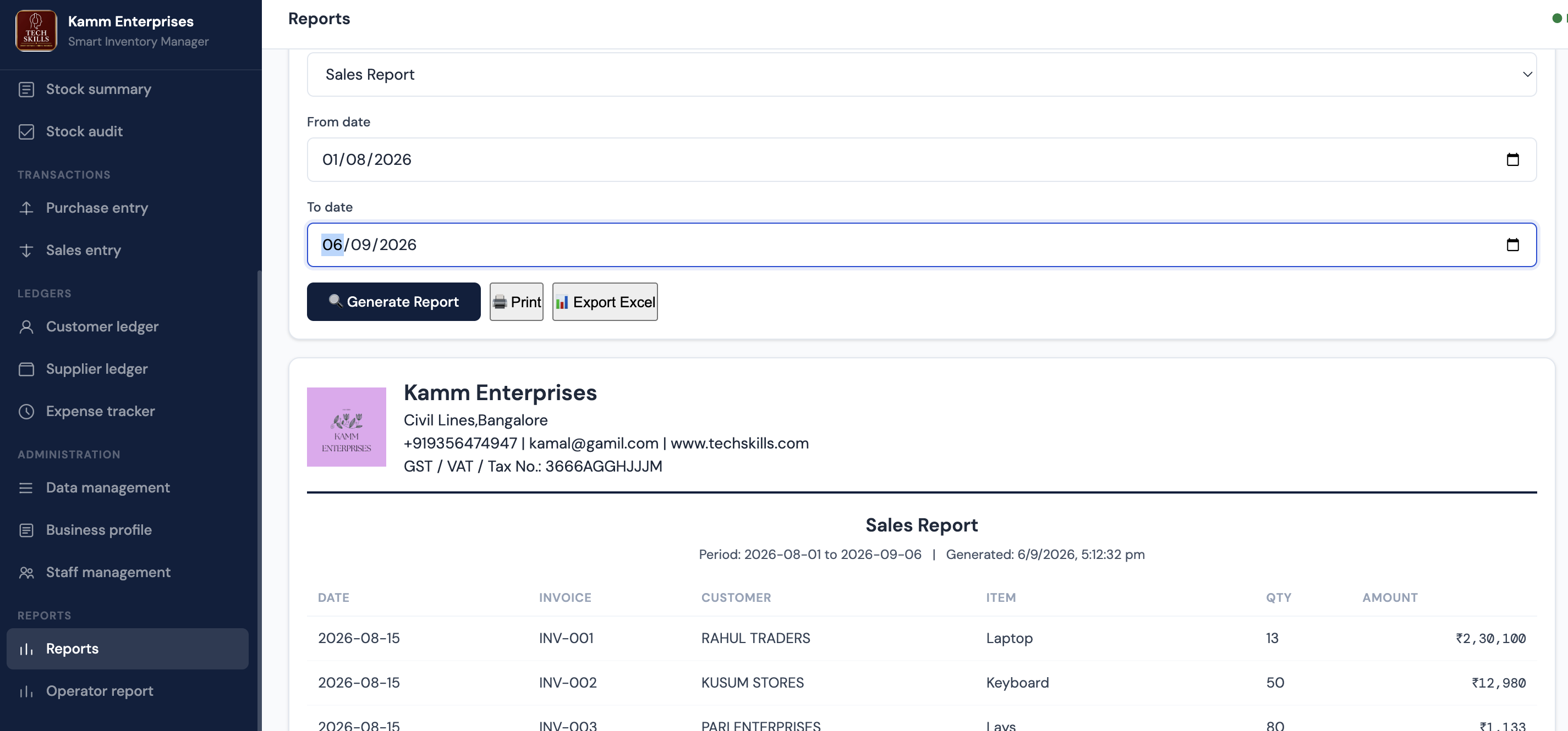 Smart Inventory Manager sales report and Excel export